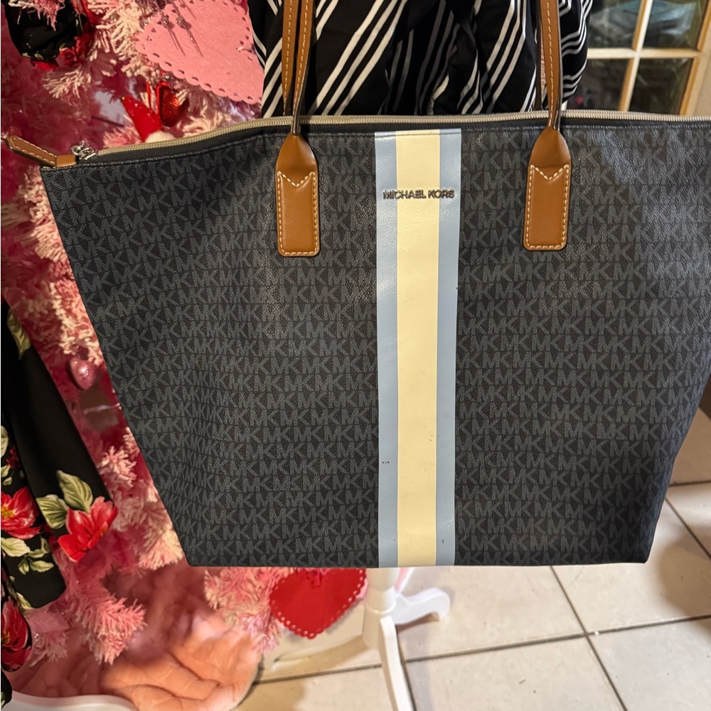 Michael Kors Charcoal Tote with Sky Blue and Pale Yellow Stripe